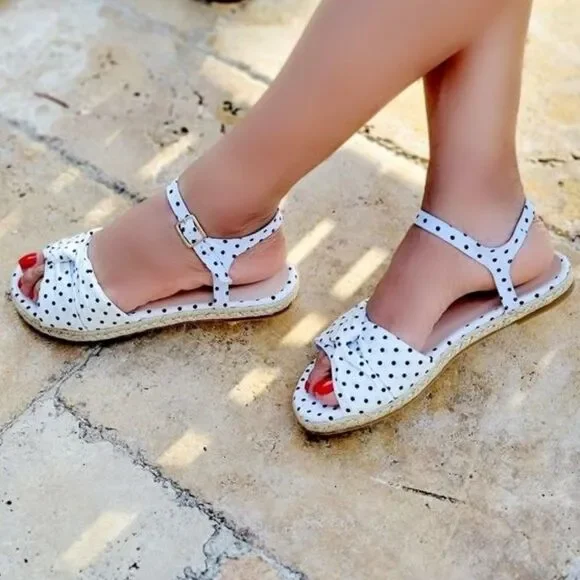 Women's Espadrille Open Toe Polkadot Ankle Strap Flat Sandals White Color - Picture 1 of 4